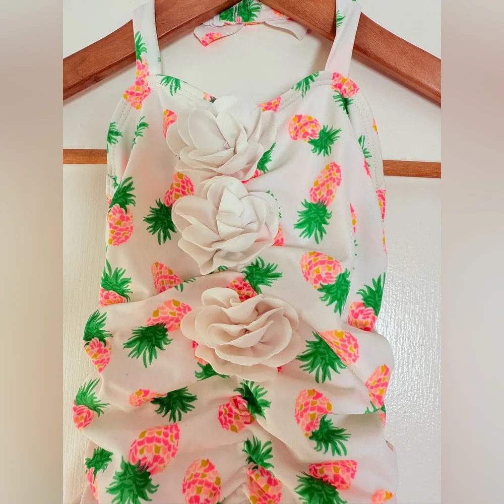 Janie and Jack Girls Pineapple One Piece Swimsuit 3D Blooms Neon Pink White